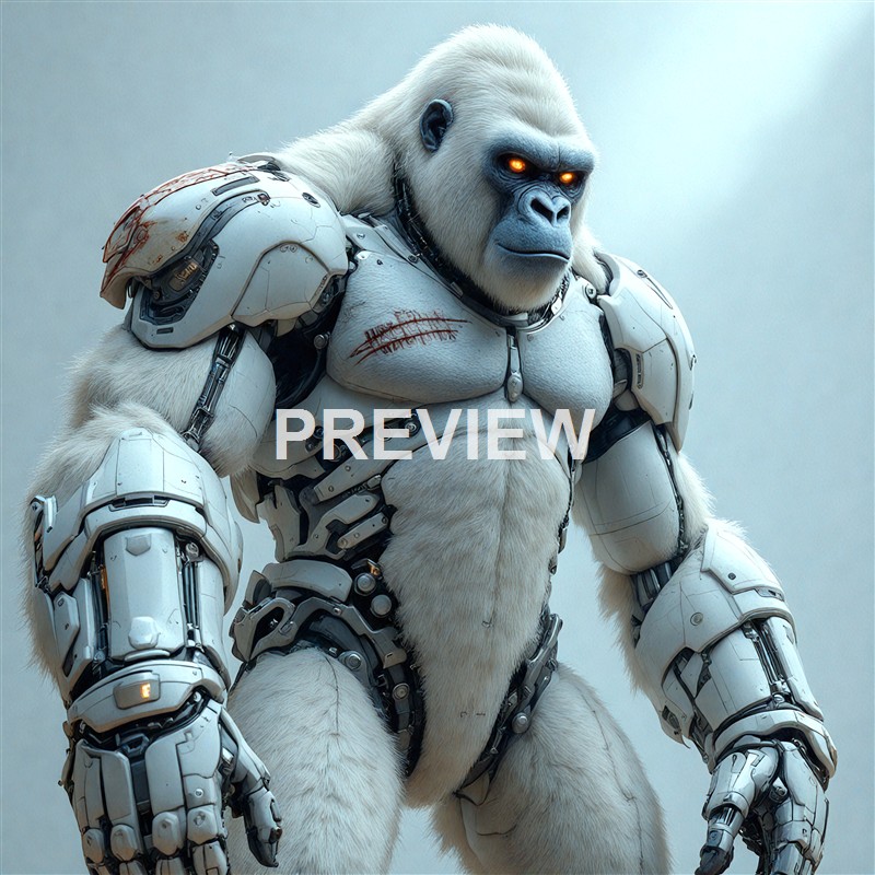 A large, muscular gorilla with glowing orange eyes is wearing advanced, futuristic white armor with visible mechanical details and scratches, standing against a plain, light background.